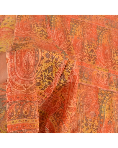 Sanskriti Vintage Orange Sarees Pure Chiffon Silk Printed Fabric Craft Sari, PRG-8961-Orange-Printed Work-Pure Chiffon Silk-4
