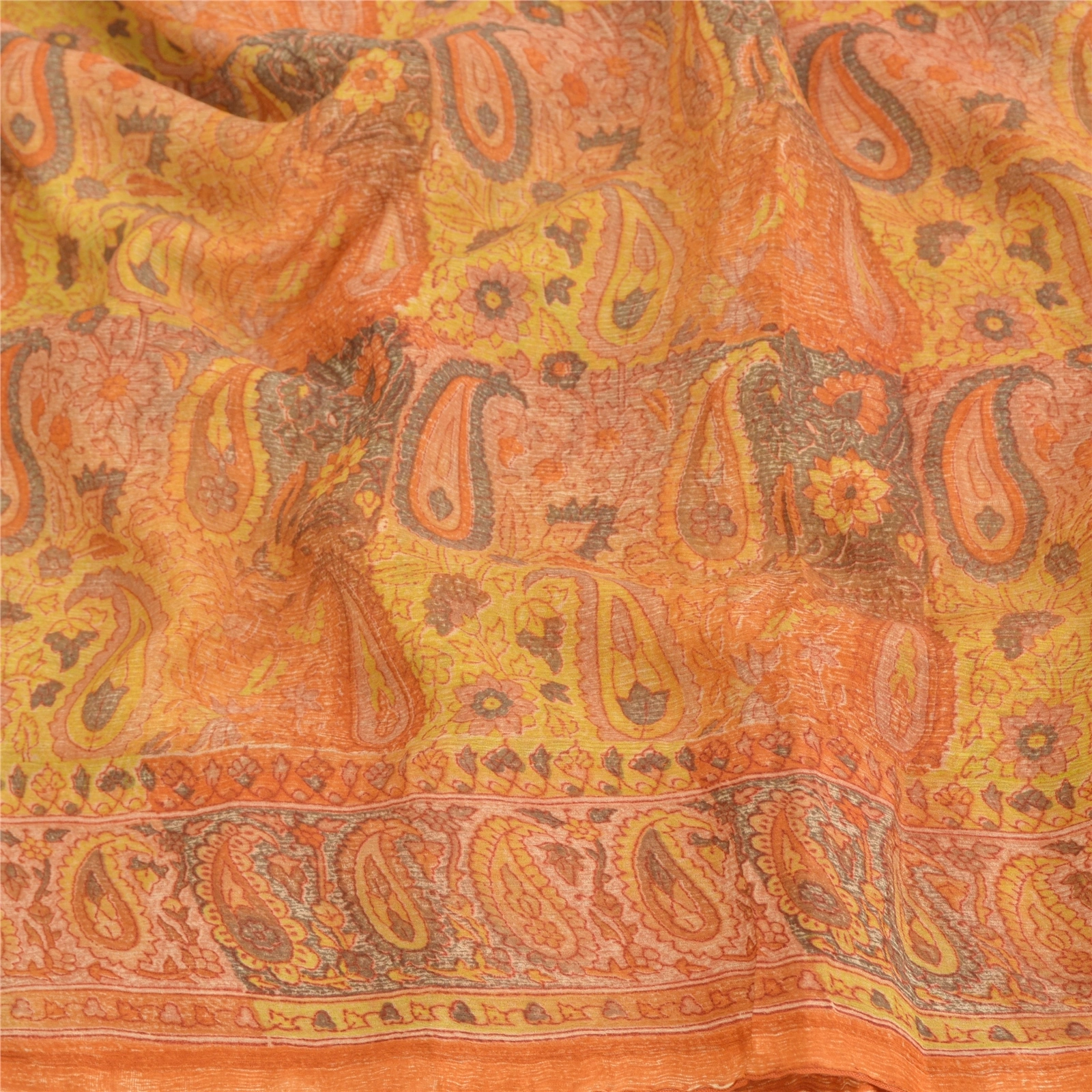 Sanskriti Vintage Orange Sarees Pure Chiffon Silk Printed Fabric Craft Sari, PRG-8961-Orange-Printed Work-Pure Chiffon Silk-6