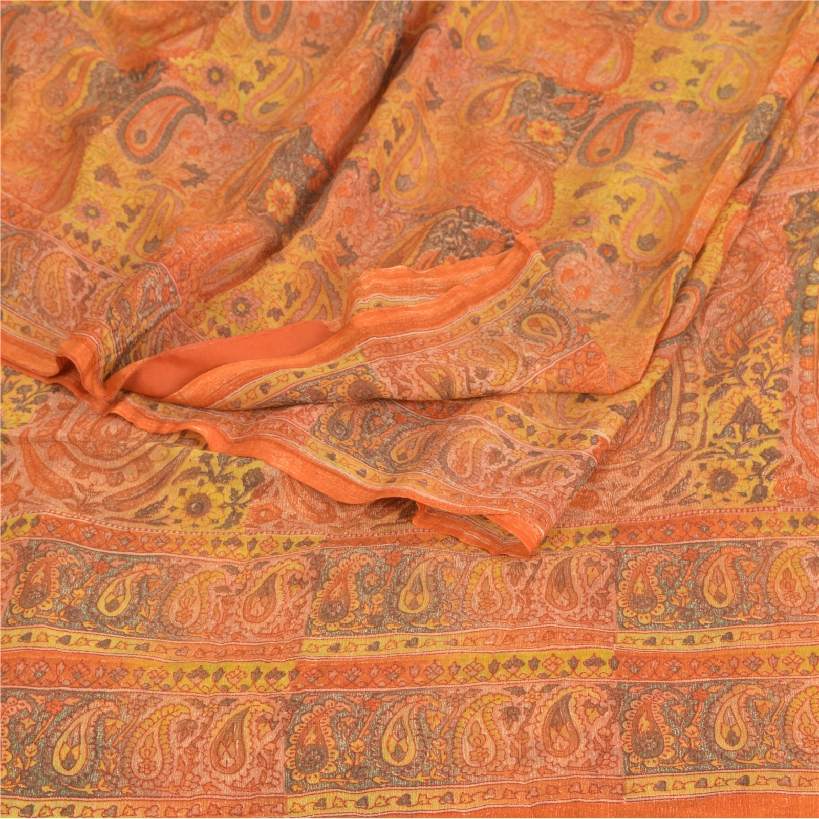 Sanskriti Vintage Orange Sarees Pure Chiffon Silk Printed Fabric Craft Sari, PRG-8961-Orange-Printed Work-Pure Chiffon Silk-7