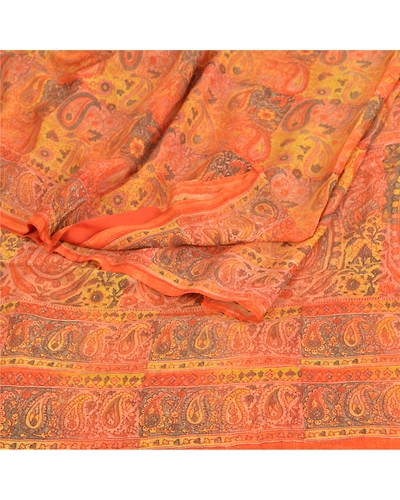 Sanskriti Vintage Orange Sarees Pure Chiffon Silk Printed Fabric Craft Sari, PRG-8961-Orange-Printed Work-Pure Chiffon Silk-7