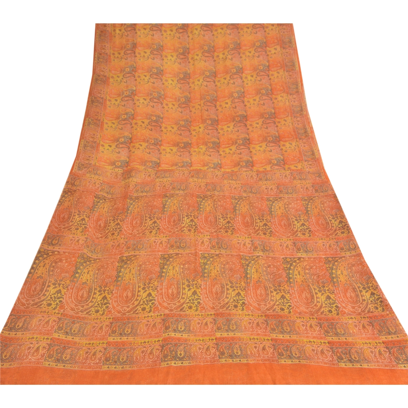 Sanskriti Vintage Orange Sarees Pure Chiffon Silk Printed Fabric Craft Sari, PRG-8961-Orange-Printed Work-Pure Chiffon Silk-8