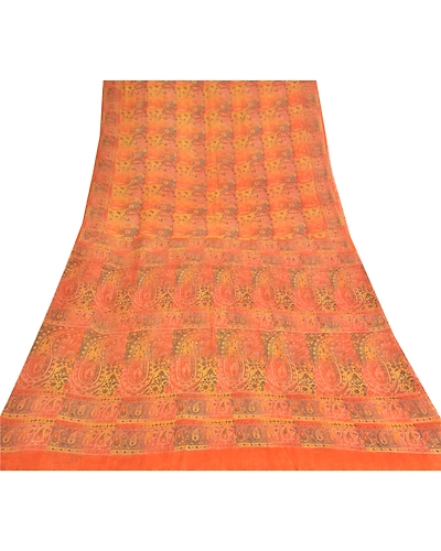 Sanskriti Vintage Orange Sarees Pure Chiffon Silk Printed Fabric Craft Sari, PRG-8961-Orange-Printed Work-Pure Chiffon Silk-8