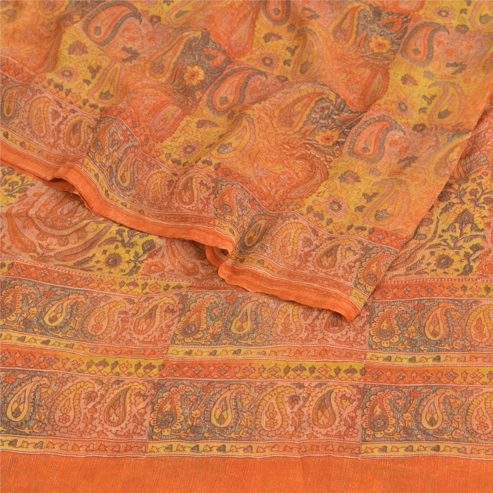 Sanskriti Vintage Orange Sarees Pure Chiffon Silk Printed Fabric Craft Sari, PRG-8961-Orange-Printed Work-Pure Chiffon Silk-9