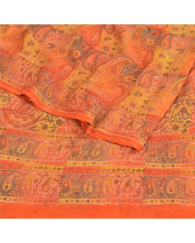 Sanskriti Vintage Orange Sarees Pure Chiffon Silk Printed Fabric Craft Sari, PRG-8961-Orange-Printed Work-Pure Chiffon Silk-9