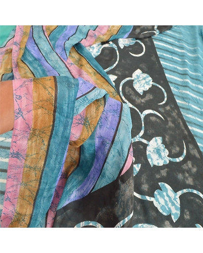 Sanskriti Vintage Blue Sarees Georgette Floral Printed Fabric Craft Sari, PRG-9002-Blue &amp; Black-Printed Work-Georgette-4
