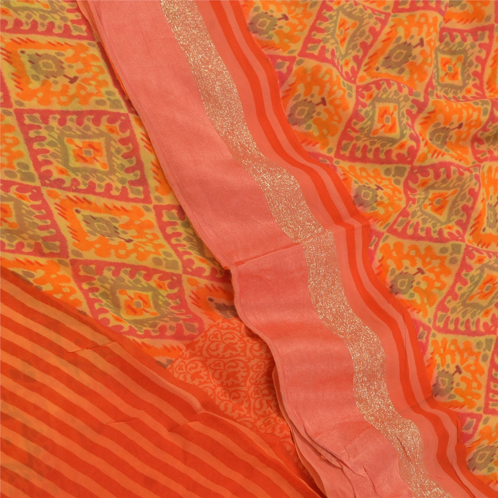 Sanskriti Vintage Orange Sarees Blend Georgette Printed Fabric Craft Sari, PRG-9084-Orange-Printed Work-Blend Georgette-1