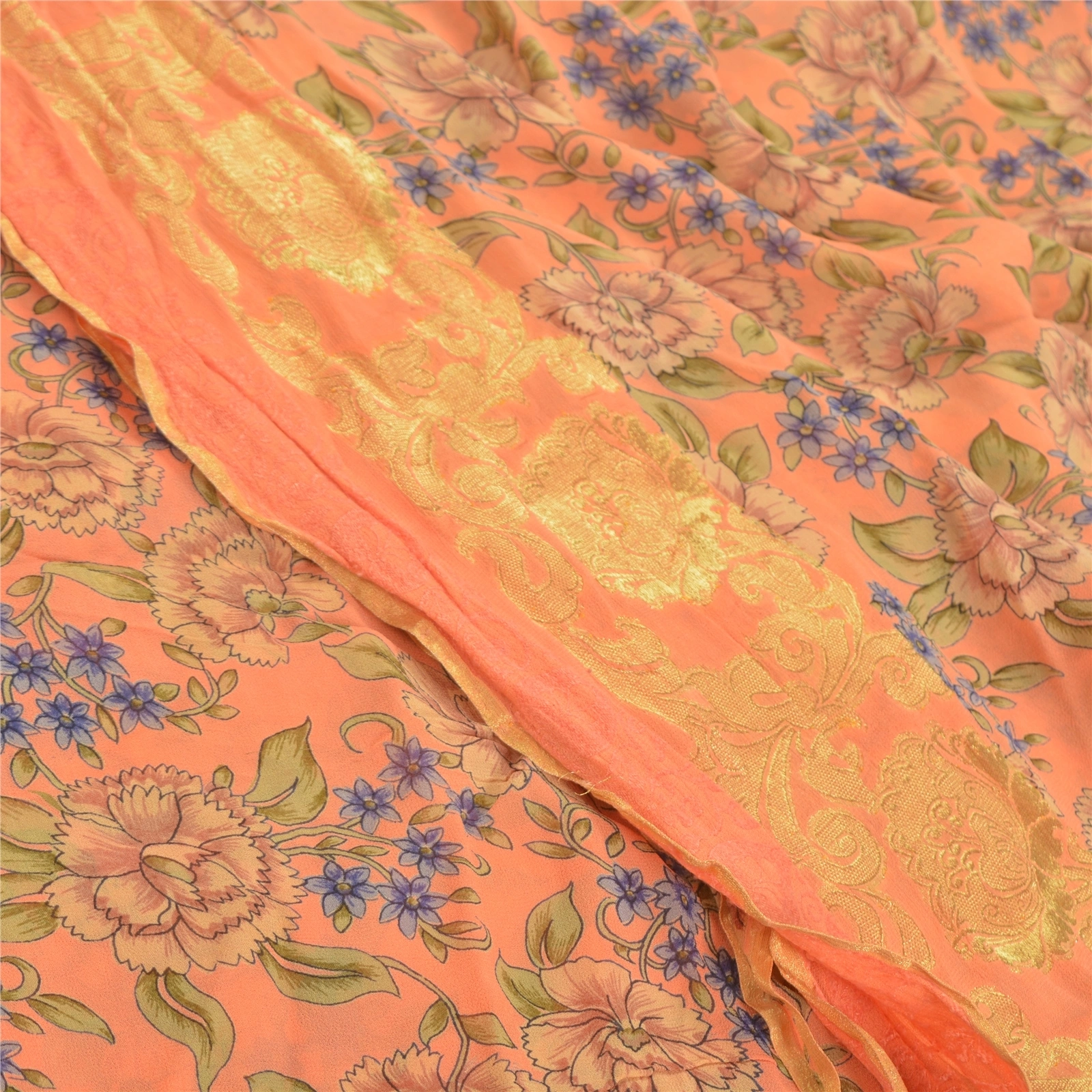 Sanskriti Vintage Peach Saree Blend Georgette Printed Sari 5 Yard Craft Fabric, PRG-9089-Peach-Printed Floral Design-Blend Georgette-1