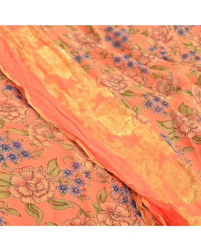 Sanskriti Vintage Peach Saree Blend Georgette Printed Sari 5 Yard Craft Fabric, PRG-9089-Peach-Printed Floral Design-Blend Georgette-1