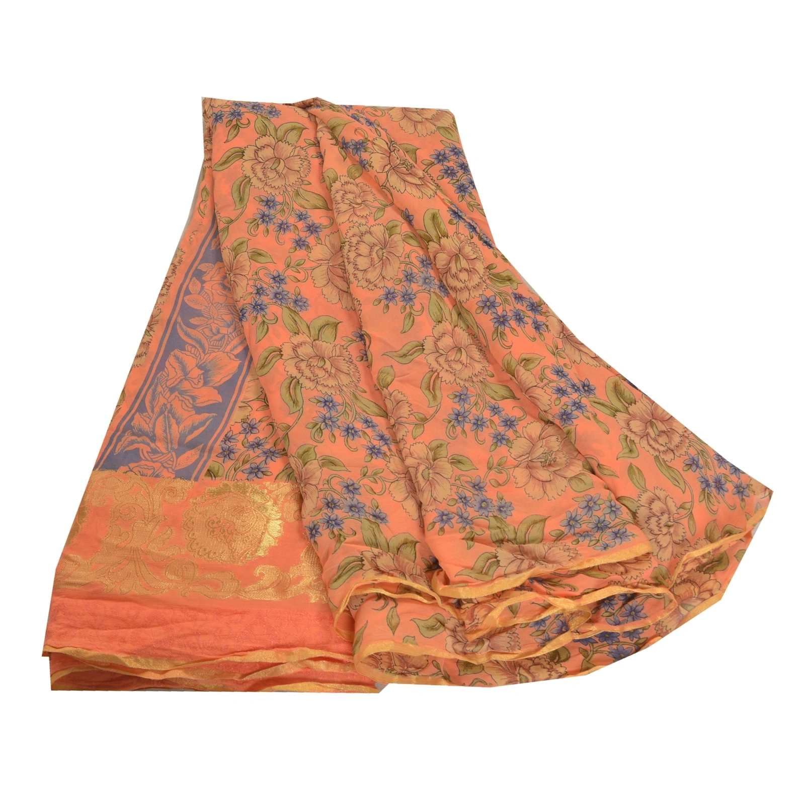 Sanskriti Vintage Peach Saree Blend Georgette Printed Sari 5 Yard Craft Fabric, PRG-9089-Peach-Printed Floral Design-Blend Georgette-2