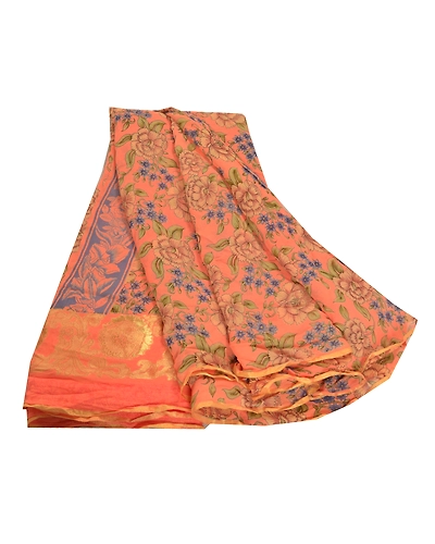 Sanskriti Vintage Peach Saree Blend Georgette Printed Sari 5 Yard Craft Fabric, PRG-9089-Peach-Printed Floral Design-Blend Georgette-2