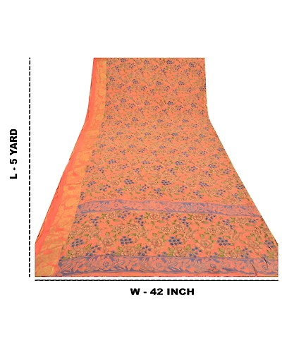 Sanskriti Vintage Peach Saree Blend Georgette Printed Sari 5 Yard Craft Fabric, PRG-9089-Peach-Printed Floral Design-Blend Georgette-3