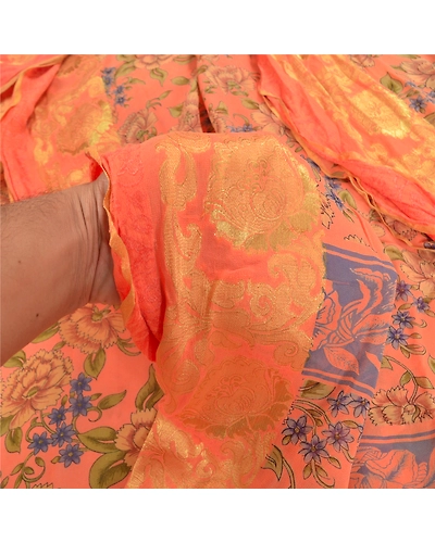 Sanskriti Vintage Peach Saree Blend Georgette Printed Sari 5 Yard Craft Fabric, PRG-9089-Peach-Printed Floral Design-Blend Georgette-4