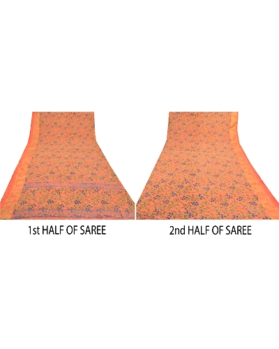 Sanskriti Vintage Peach Saree Blend Georgette Printed Sari 5 Yard Craft Fabric, PRG-9089-Peach-Printed Floral Design-Blend Georgette-5