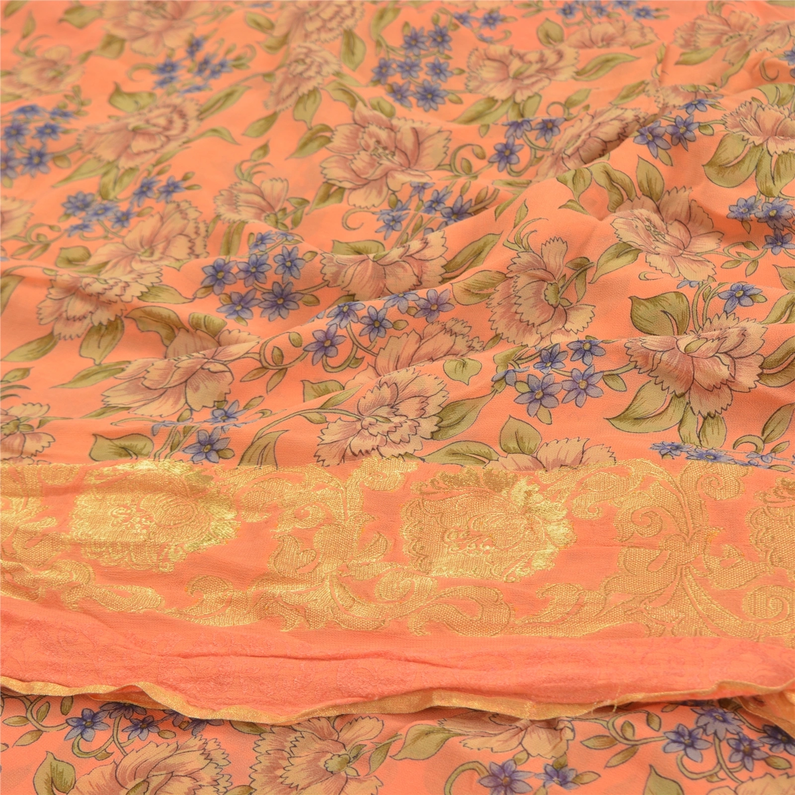 Sanskriti Vintage Peach Saree Blend Georgette Printed Sari 5 Yard Craft Fabric, PRG-9089-Peach-Printed Floral Design-Blend Georgette-6