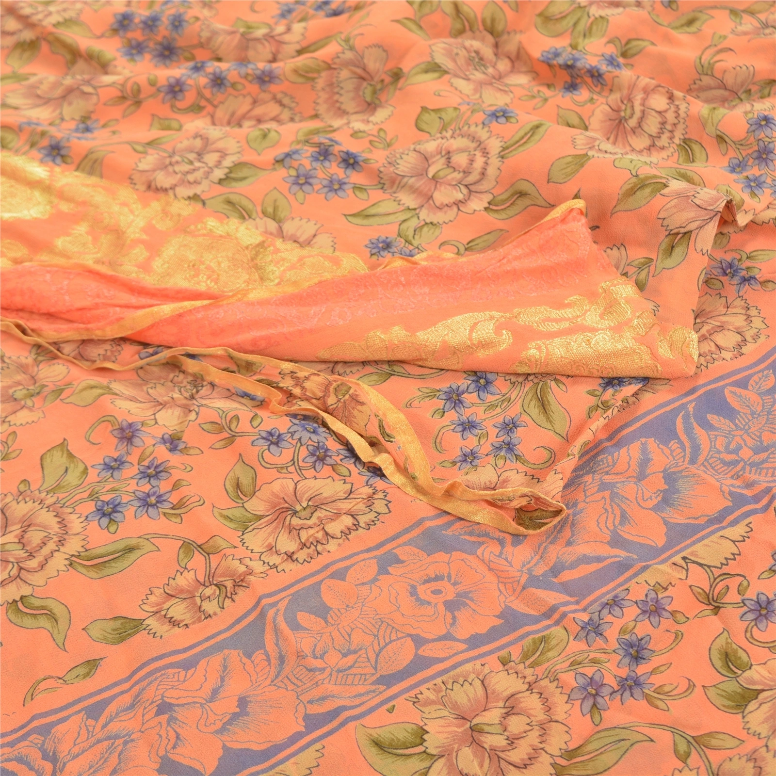 Sanskriti Vintage Peach Saree Blend Georgette Printed Sari 5 Yard Craft Fabric, PRG-9089-Peach-Printed Floral Design-Blend Georgette-7