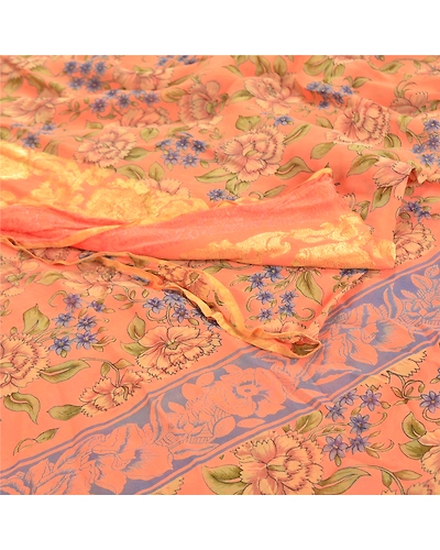 Sanskriti Vintage Peach Saree Blend Georgette Printed Sari 5 Yard Craft Fabric, PRG-9089-Peach-Printed Floral Design-Blend Georgette-7