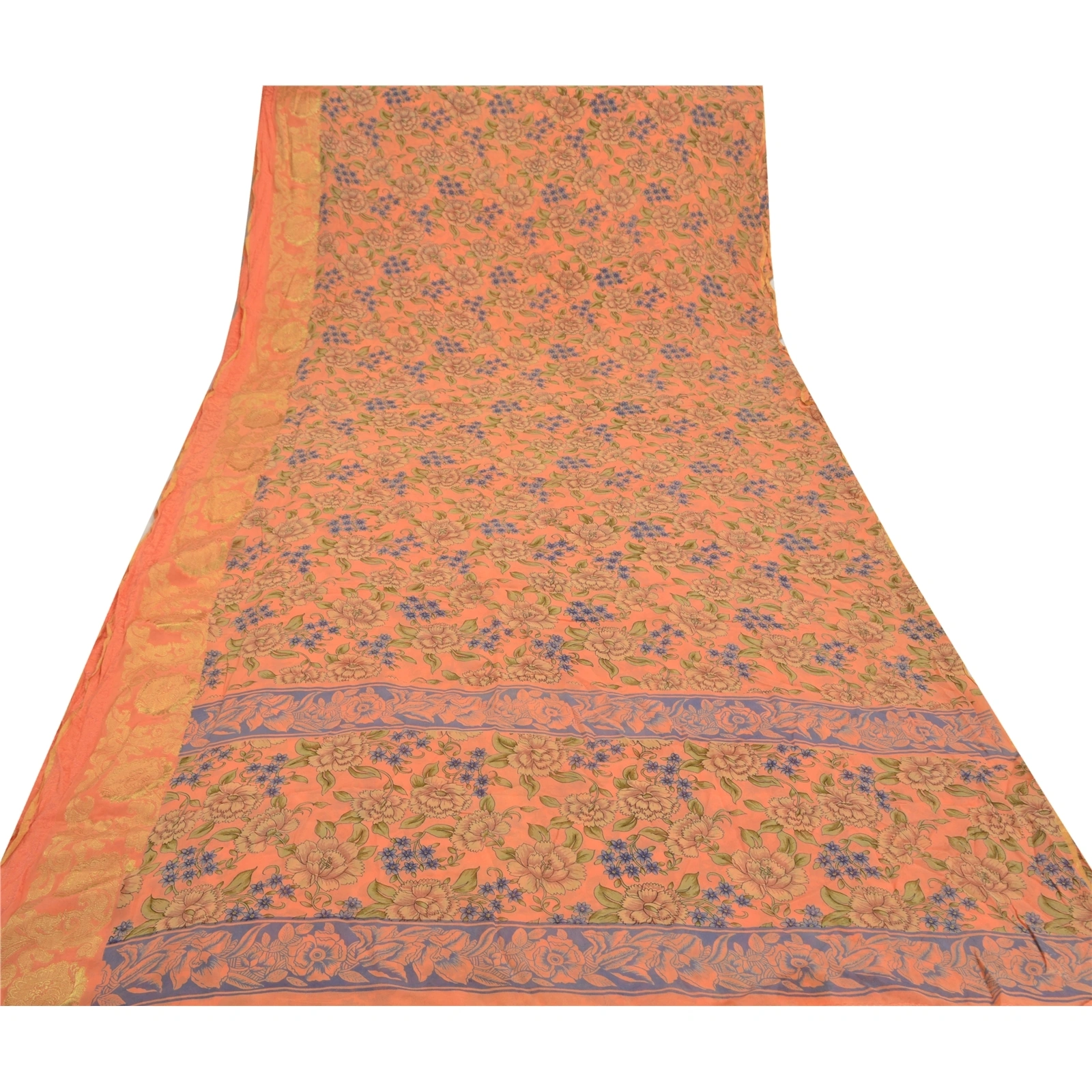 Sanskriti Vintage Peach Saree Blend Georgette Printed Sari 5 Yard Craft Fabric, PRG-9089-Peach-Printed Floral Design-Blend Georgette-8