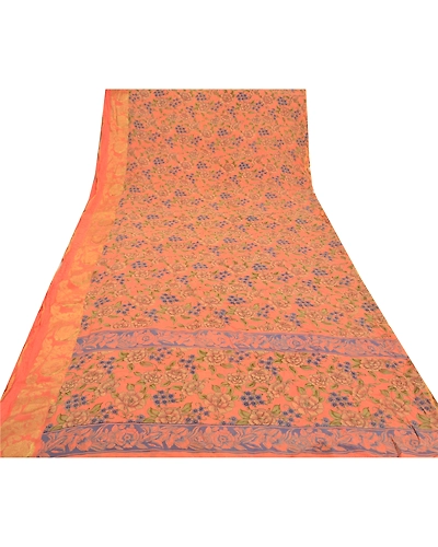 Sanskriti Vintage Peach Saree Blend Georgette Printed Sari 5 Yard Craft Fabric, PRG-9089-Peach-Printed Floral Design-Blend Georgette-8