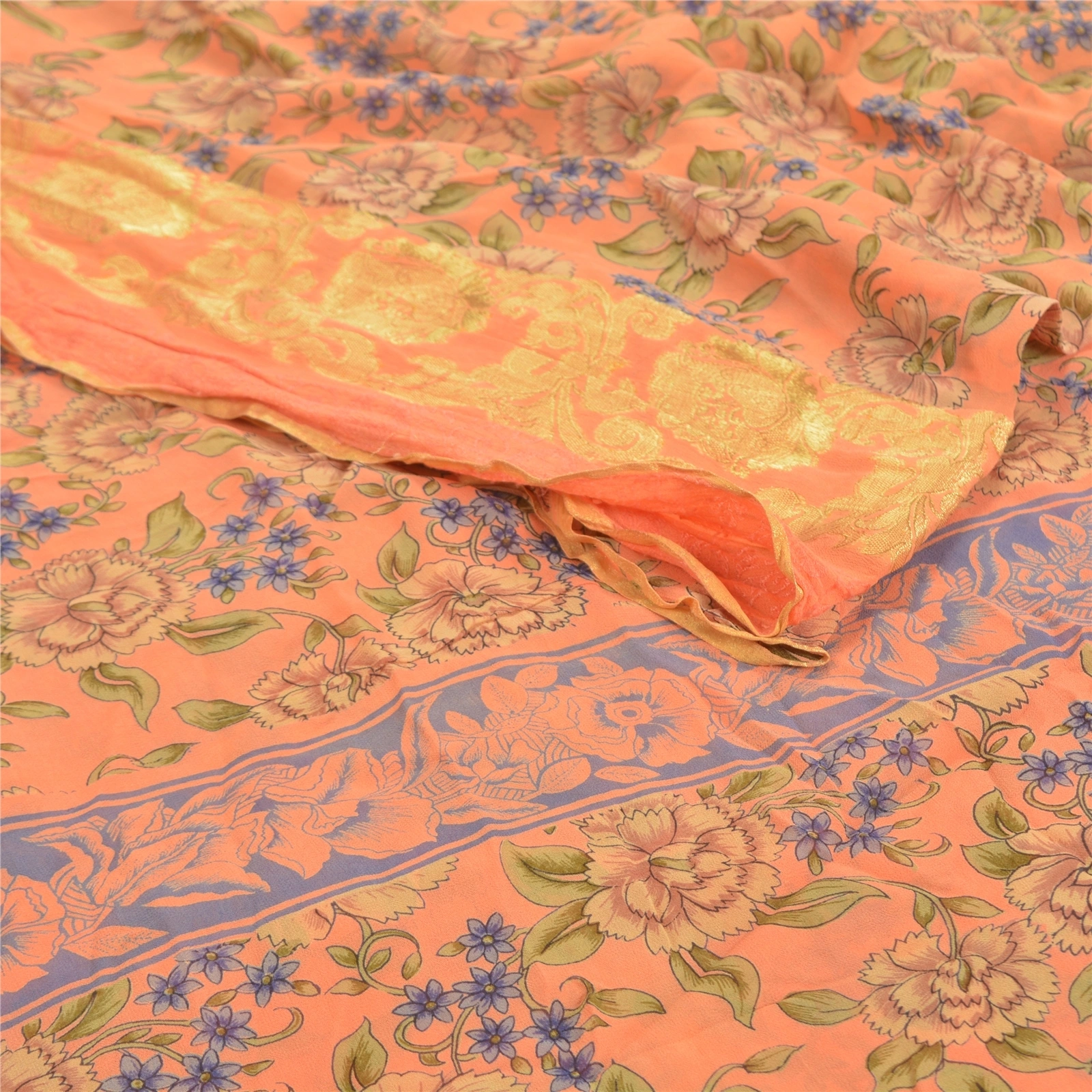 Sanskriti Vintage Peach Saree Blend Georgette Printed Sari 5 Yard Craft Fabric, PRG-9089-Peach-Printed Floral Design-Blend Georgette-9