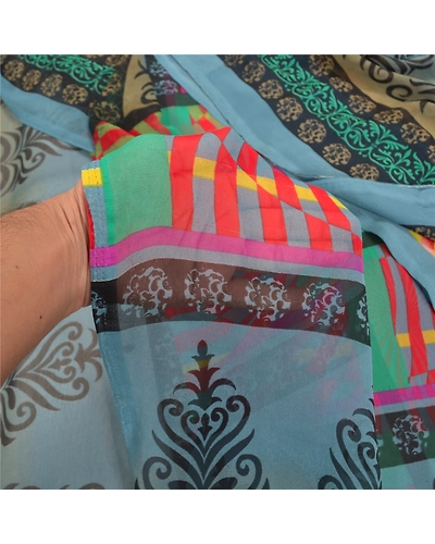 Sanskriti Vintage Indian Sarees Georgette Printed Fabric Craft 5 Yard Sari, PRG-9122-Multi Color-Printed Work-Georgette-4