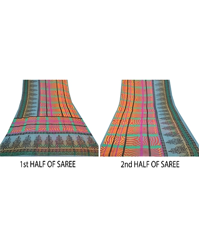 Sanskriti Vintage Indian Sarees Georgette Printed Fabric Craft 5 Yard Sari, PRG-9122-Multi Color-Printed Work-Georgette-5