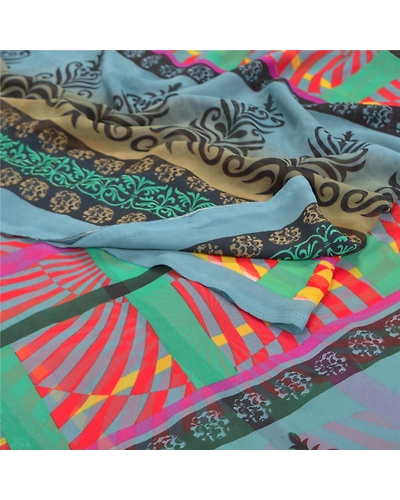 Sanskriti Vintage Indian Sarees Georgette Printed Fabric Craft 5 Yard Sari, PRG-9122-Multi Color-Printed Work-Georgette-7