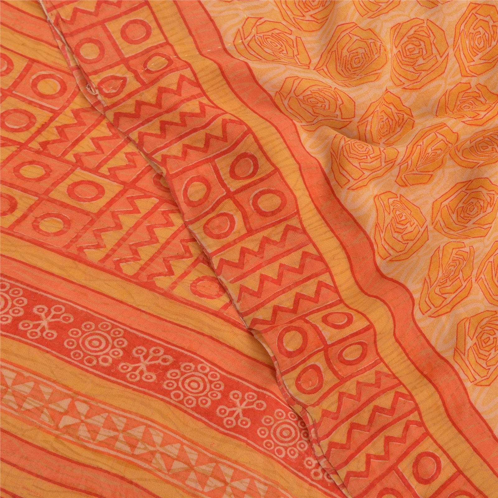 Sanskriti Vintage Yellow Sarees Pure Georgette Silk Printed Sari Craft Fabric, PRG-9195-Orange-Printed Floral Design-Pure Georgette Silk-1