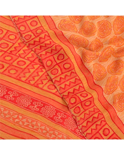 Sanskriti Vintage Yellow Sarees Pure Georgette Silk Printed Sari Craft Fabric, PRG-9195-Orange-Printed Floral Design-Pure Georgette Silk-1