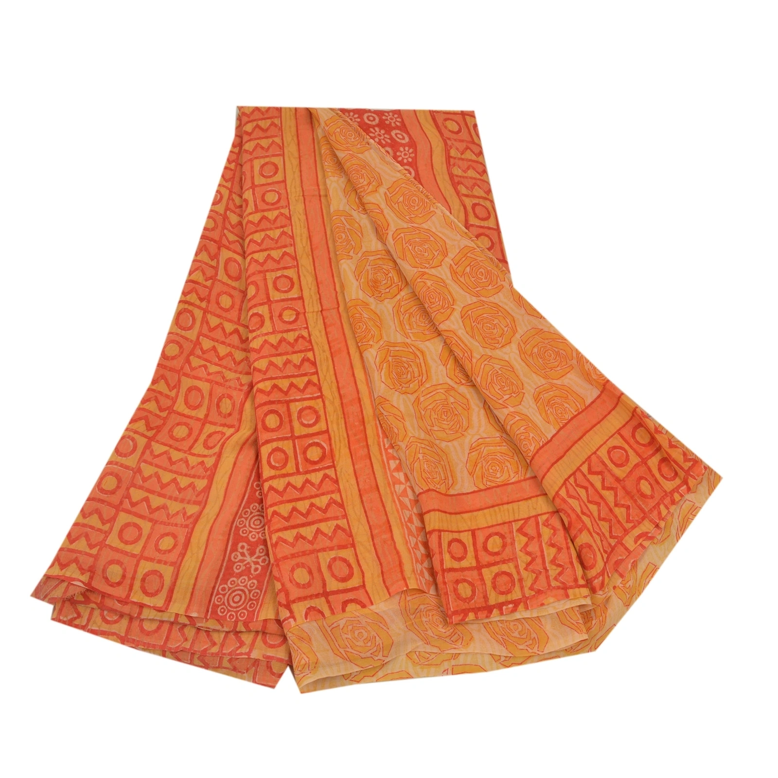 Sanskriti Vintage Yellow Sarees Pure Georgette Silk Printed Sari Craft Fabric, PRG-9195-Orange-Printed Floral Design-Pure Georgette Silk-2