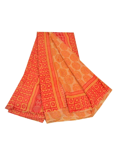 Sanskriti Vintage Yellow Sarees Pure Georgette Silk Printed Sari Craft Fabric, PRG-9195-Orange-Printed Floral Design-Pure Georgette Silk-2