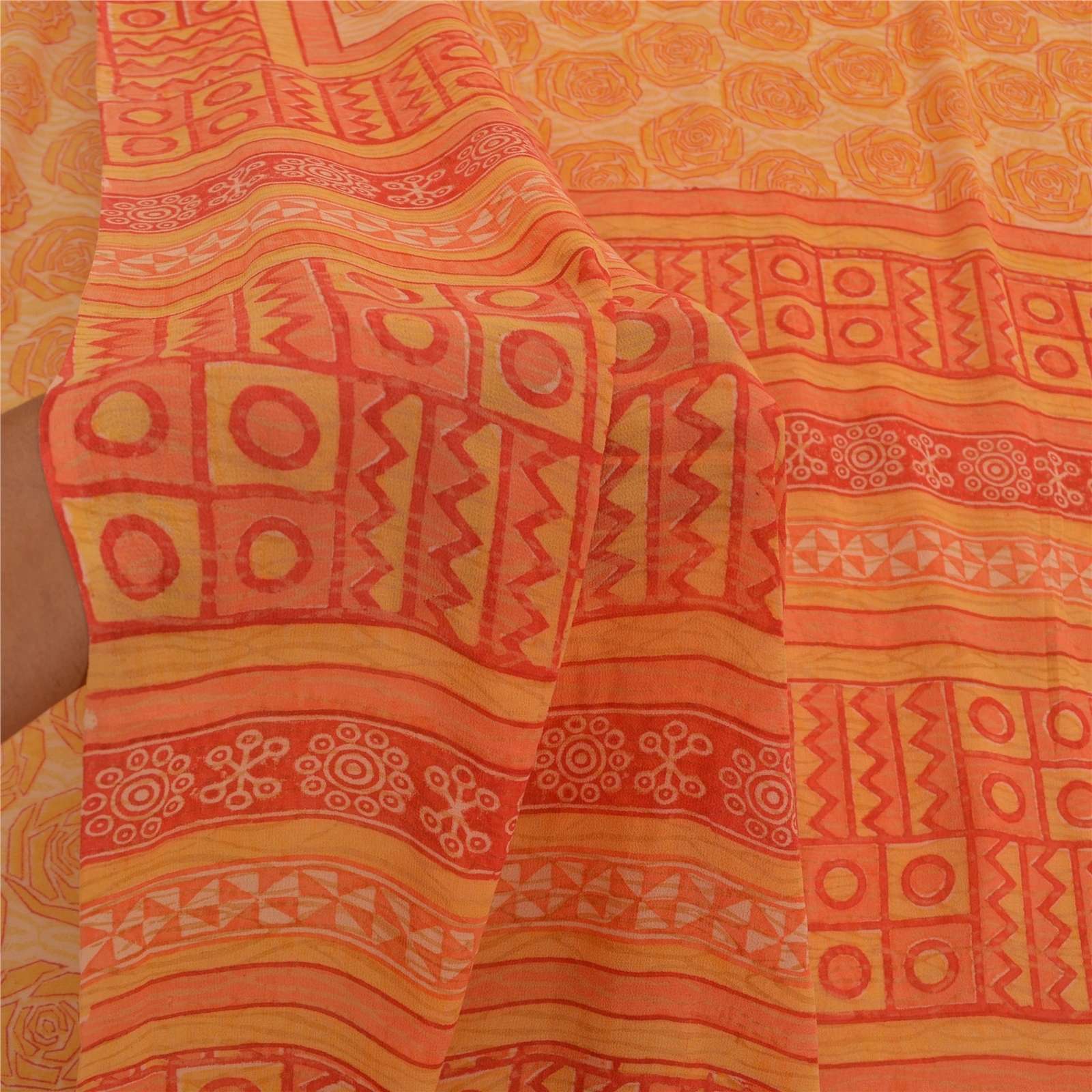 Sanskriti Vintage Yellow Sarees Pure Georgette Silk Printed Sari Craft Fabric, PRG-9195-Orange-Printed Floral Design-Pure Georgette Silk-4