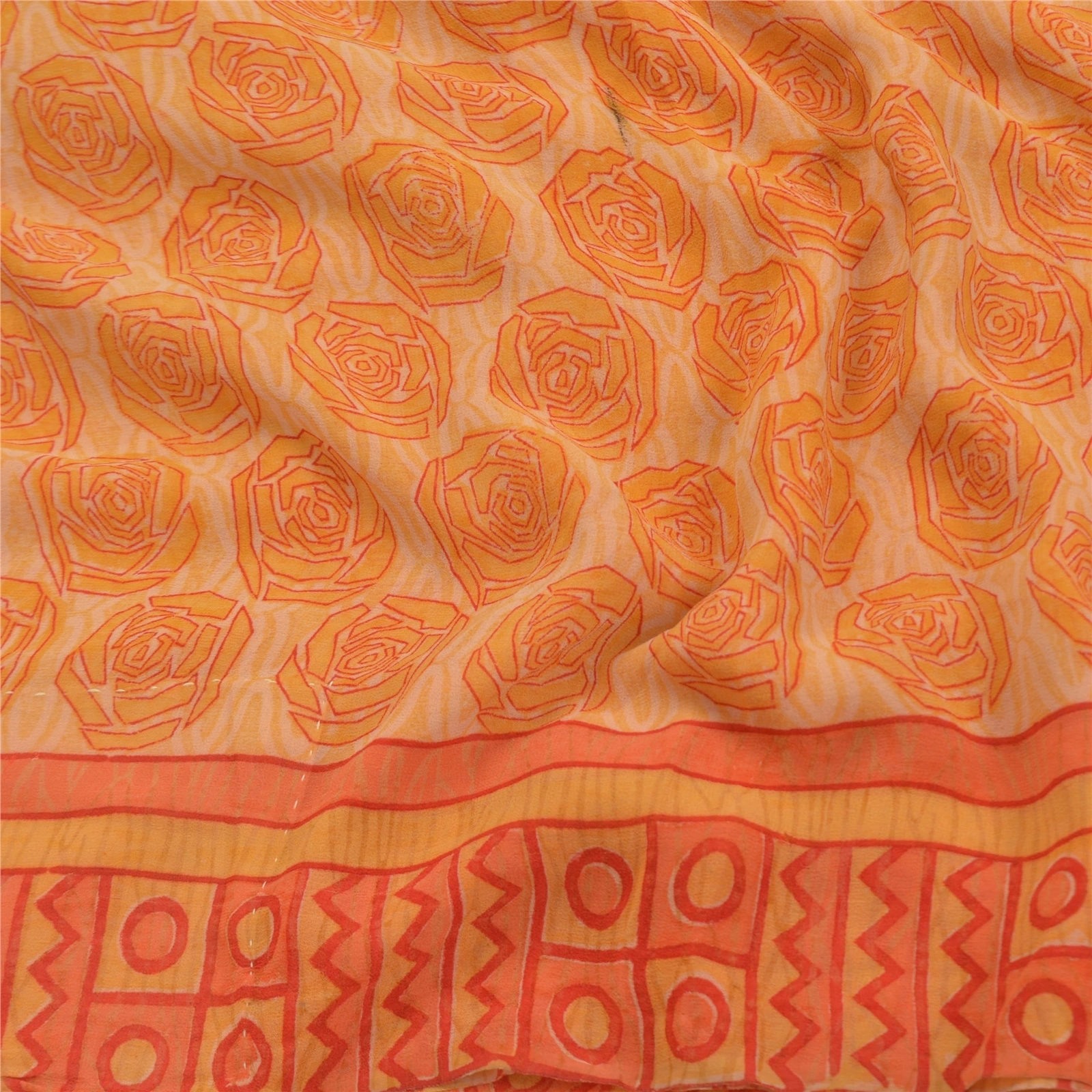 Sanskriti Vintage Yellow Sarees Pure Georgette Silk Printed Sari Craft Fabric, PRG-9195-Orange-Printed Floral Design-Pure Georgette Silk-6