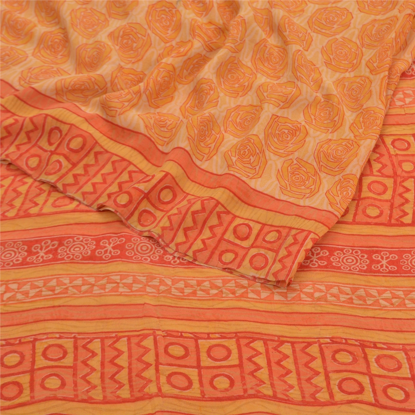 Sanskriti Vintage Yellow Sarees Pure Georgette Silk Printed Sari Craft Fabric, PRG-9195-Orange-Printed Floral Design-Pure Georgette Silk-7