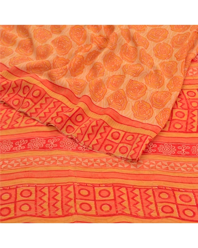 Sanskriti Vintage Yellow Sarees Pure Georgette Silk Printed Sari Craft Fabric, PRG-9195-Orange-Printed Floral Design-Pure Georgette Silk-7