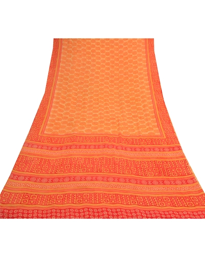Sanskriti Vintage Yellow Sarees Pure Georgette Silk Printed Sari Craft Fabric, PRG-9195-Orange-Printed Floral Design-Pure Georgette Silk-8