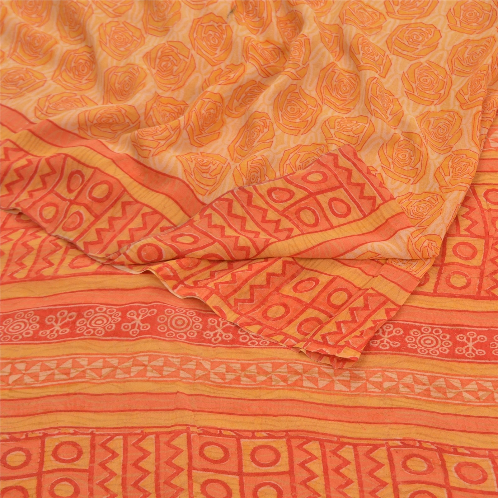 Sanskriti Vintage Yellow Sarees Pure Georgette Silk Printed Sari Craft Fabric, PRG-9195-Orange-Printed Floral Design-Pure Georgette Silk-9