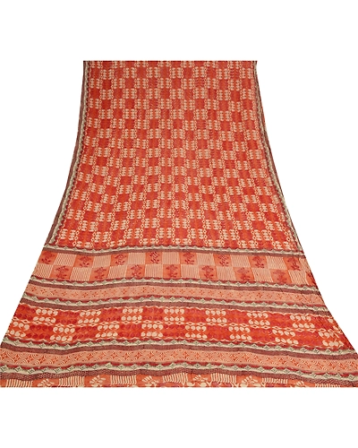 Sanskriti Vintage Rusty Orange Sarees Pure Georgette Silk Printed Sari Fabric, PRG-9197-Rusty Orange-Printed Floral Design-Pure Georgette Silk-8