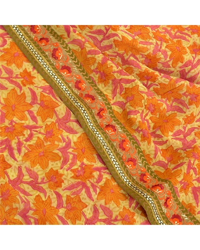 Sanskriti Vintage Cream Saree Blend Georgette Printed Sari 5 Yard Craft Fabric, PRG-9213-Cream-Printed Floral Design-Blend Georgette-1
