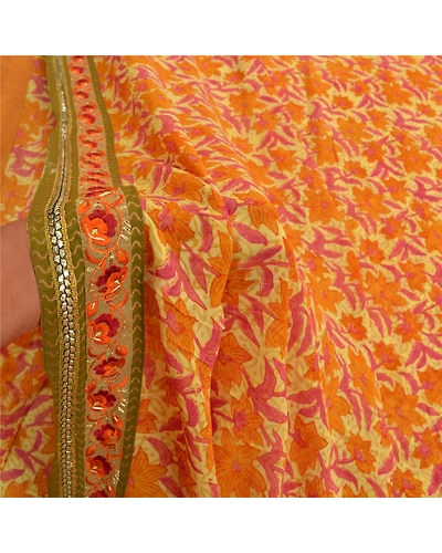 Sanskriti Vintage Cream Saree Blend Georgette Printed Sari 5 Yard Craft Fabric, PRG-9213-Cream-Printed Floral Design-Blend Georgette-4