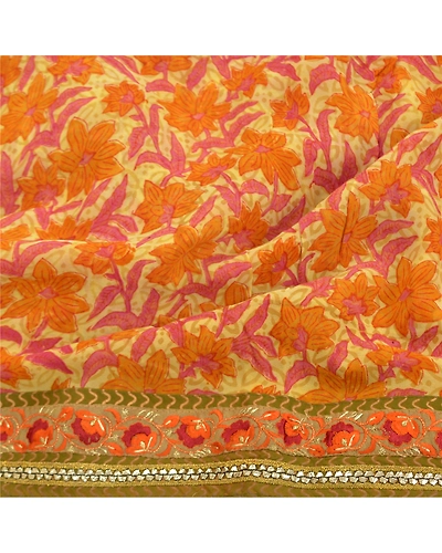 Sanskriti Vintage Cream Saree Blend Georgette Printed Sari 5 Yard Craft Fabric, PRG-9213-Cream-Printed Floral Design-Blend Georgette-6