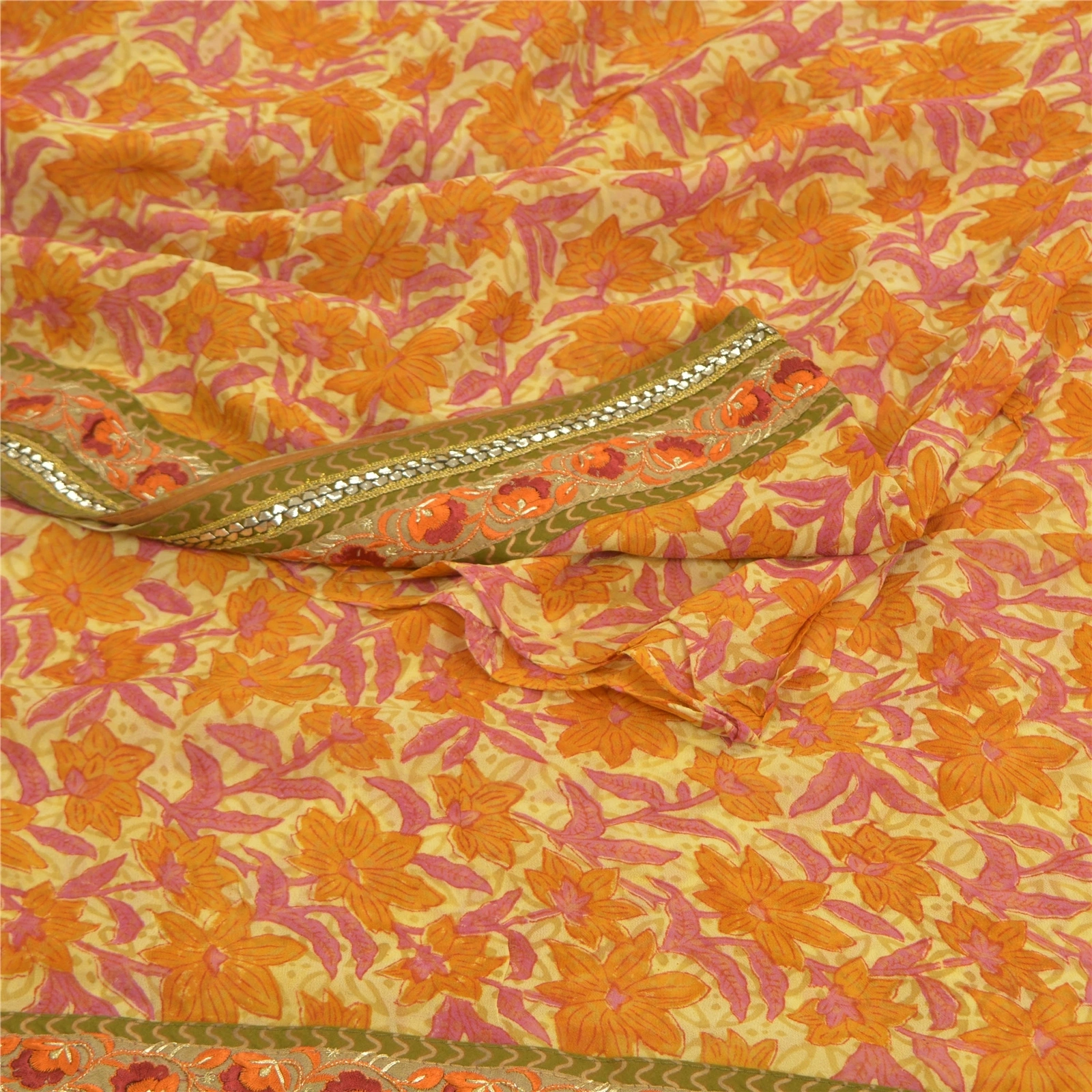 Sanskriti Vintage Cream Saree Blend Georgette Printed Sari 5 Yard Craft Fabric, PRG-9213-Cream-Printed Floral Design-Blend Georgette-7