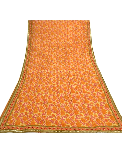 Sanskriti Vintage Cream Saree Blend Georgette Printed Sari 5 Yard Craft Fabric, PRG-9213-Cream-Printed Floral Design-Blend Georgette-8