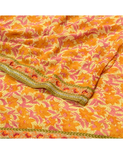 Sanskriti Vintage Cream Saree Blend Georgette Printed Sari 5 Yard Craft Fabric, PRG-9213-Cream-Printed Floral Design-Blend Georgette-9