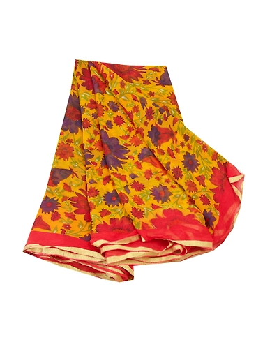 Sanskriti Vintage Yellow Sarees Blend Georgette Printed Sari Craft Fabric, PRG-9253-Yellow-Printed Floral Design-Blend Georgette-2