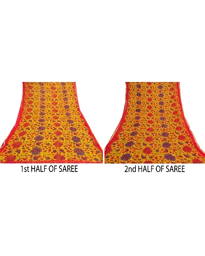 Sanskriti Vintage Yellow Sarees Blend Georgette Printed Sari Craft Fabric, PRG-9253-Yellow-Printed Floral Design-Blend Georgette-5