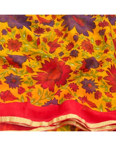 Sanskriti Vintage Yellow Sarees Blend Georgette Printed Sari Craft Fabric, PRG-9253-Yellow-Printed Floral Design-Blend Georgette-6