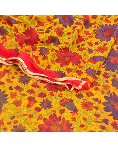 Sanskriti Vintage Yellow Sarees Blend Georgette Printed Sari Craft Fabric, PRG-9253-Yellow-Printed Floral Design-Blend Georgette-7