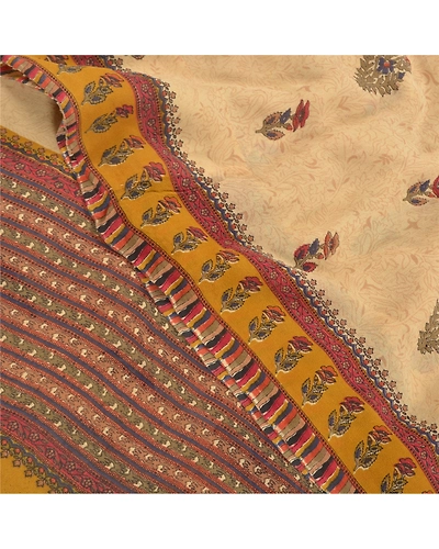 Sanskriti Vintage Cream Sarees Pure Georgette Silk Printed Sari 5Yd Craft Fabric, PRG-9293-Cream-Printed Floral Design-Pure Georgette Silk-1