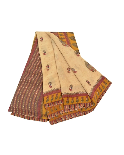 Sanskriti Vintage Cream Sarees Pure Georgette Silk Printed Sari 5Yd Craft Fabric, PRG-9293-Cream-Printed Floral Design-Pure Georgette Silk-2