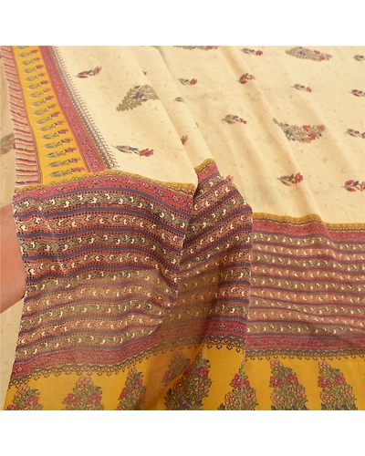Sanskriti Vintage Cream Sarees Pure Georgette Silk Printed Sari 5Yd Craft Fabric, PRG-9293-Cream-Printed Floral Design-Pure Georgette Silk-4